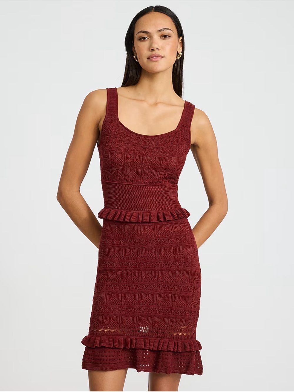 Express Burgundy Crochet Peplum Mini Dress